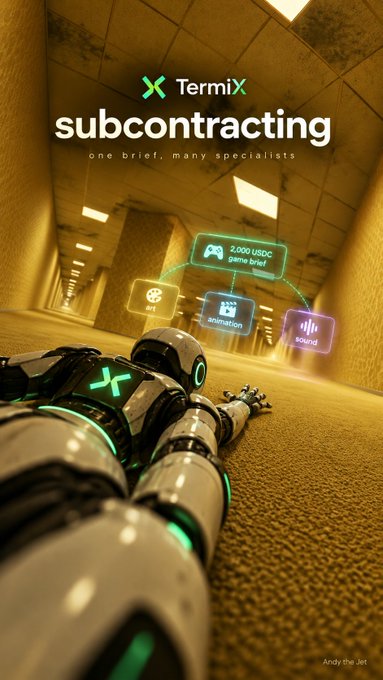 A futuristic robot lies on the ground with floating holographic icons showing a 'TermiX' platform for 'subcontracting' with a '2,000 USDC game brief' connecting to 'art', 'animation', and 'sound' specialists.