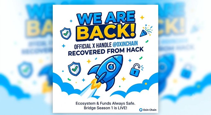 The image is a celebratory graphic announcing the recovery of OxinChain's (@OxinChain) official X handle after a hack, featuring bold "WE ARE BACK!" text alongside a rocket, shield, and lock icon to symbolize security and growth. The accompanying text reinforces this message, confirming the account is now secured, thanking the "Oxin Army" for their support, and teasing the launch of Bridge Season 1.