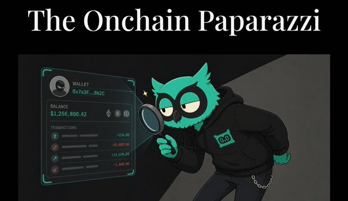 An illustration titled 'The Onchain Paparazzi' featuring a green owl-like character in a hoodie holding a magnifying glass, examining a digital wallet interface showing a balance of $1,256,890.42 and various transactions.
