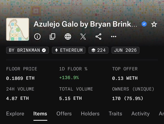 The image shows a screenshot of a website's item page for Azulejo Galo by Bryan Brink, with details about the item displayed at the top right corner and the price shown below that reads "1.18.9 ether eth". The other information in the photo includes an icon representing a coin or token logo on the left side of the image.
