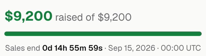 A fundraising progress bar showing $9,200 raised of $9,200 (100% complete) with sales ending in 0d 14h 55m 59s on Sep 15, 2026 at 00:00 UTC.