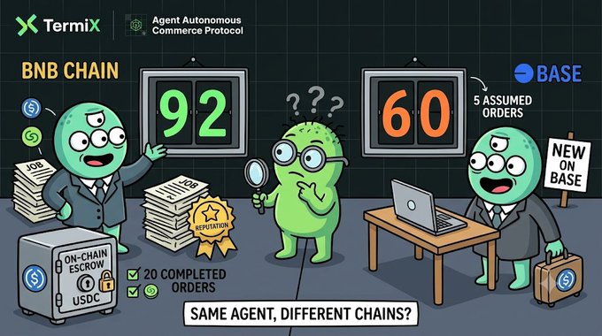Cartoon infographic for Termix’s “Agent Autonomous Commerce Protocol” comparing an agent’s reputation across chains: 92 on BNB Chain versus 60 on Base, with “20 completed orders,” a reputation badge, “5 assigned orders,” and “New on Base.” It illustrates that chain-specific reputation and starting scores may differ for the same agent.