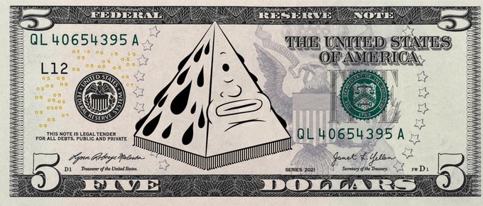 A modified US five-dollar bill featuring the 'sad cheese' meme illustration overlaid on the central pyramid.