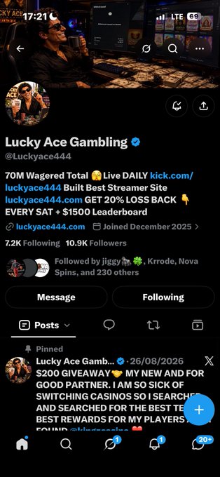 An X/Twitter profile for 'Lucky Ace Gambling' (@Luckyace444) with a blue checkmark, showing 7.2K Following, 10.9K Followers, and a pinned post about a '$200 GIVEAWAY'.