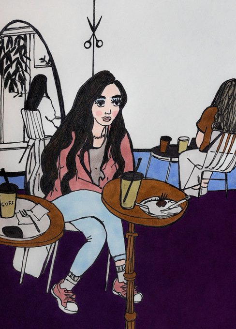 An illustration of a dark-haired woman in a pink cardigan sitting at a coffee shop table with a drink and a plate of food, while another patron sits in the background.
