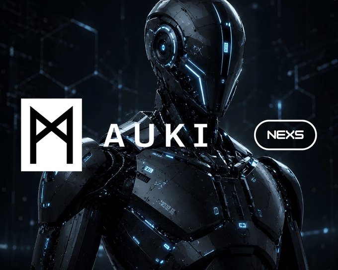 A sleek humanoid robot stands against a dark tech backdrop overlaid with "AUKI" and "NEX5" branding, visually reinforcing the post's announcement of a major potential partnership involving 800 robots deployed across 800 Asian stores at $1K/month each—projected to generate $9.6M annually.