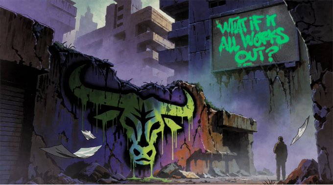 A lone figure stands before a crumbling urban wall adorned with a glowing green bull graffiti, while a nearby sign reads "WHAT IF IT ALL WORKS OUT?"—capturing the optimistic spirit of the post's "right place, right time, right bull" mantra. The iconic bull symbol, rendered in vibrant graffiti style, visually embodies the bullish sentiment of being in the perfect moment for success.