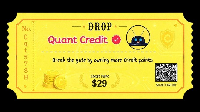 The image features a yellow ticket with text that reads "DROP QUANT CREDIT" and "BREAK THE GATE BY OWNING MORE CREDIT POINTS". The ticket also includes a QR code, which could be used for scanning or entering information into an app. The text on the ticket suggests that users can join a testnet campaign to claim rewards in exchange for completing tasks. The reward pool is described as having a 3.6 SOL reward pool and will launch once the app is launched. Users are encouraged to claim their rewards by entering their details, including credit points they have earned from completing tasks on the app.