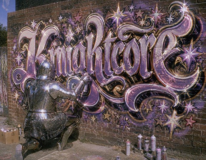 The image features a large brick wall with purple graffiti that reads "Knighthome". A person dressed as a knight, wearing armor, is painting the word "Knighthome" onto the wall using spray paint. The scene takes place outdoors on a sunny day, and there are several cans of spray paint scattered around the area.