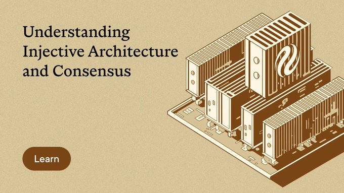 A graphic with a beige background displays the text 'Understanding Injective Architecture and Consensus' alongside an isometric illustration of stacked server-like blocks, with a 'Learn' button.