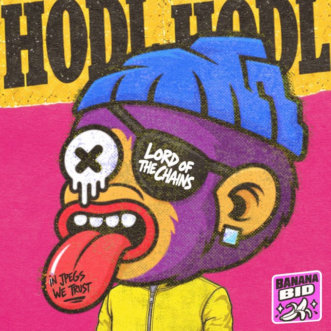 Colorful NFT artwork showing a purple monkey character wearing a blue beanie and an eye patch reading 'LORD OF THE CHAINS', with text 'HODL HARDL' at the top and a 'Banana Bid 2K' logo in the corner.