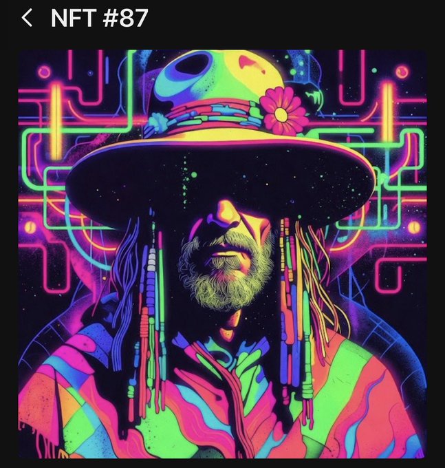 A vibrant neon-colored NFT (#87) artwork depicting a bearded figure wearing a wide-brimmed hat adorned with flowers, set against a psychedelic circuit-board background, celebrating @Cardybless's win of a @LAZYPOS15328 NFT.