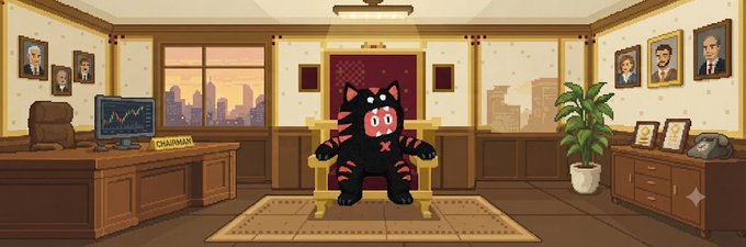 A pixel art scene of a black cat character in a red outfit sitting on a throne in a lavish office, complete with framed portraits, a 'CHAIRMAN' desk, and a stock chart on a monitor.