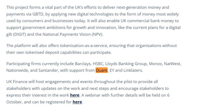 The image shows a text excerpt about a UK GBTD (governance of British tokenised deposits) initiative involving Barclays, HSBC, Lloyds, Monzo, NatWest, Nationwide, and Santander, with "Quant" highlighted in orange as a supporting firm — directly visualizing the post's claim that HM Treasury is repeatedly highlighting the Quant ($QNT)-based initiative, as Quant Network is identified as the main interoperability solution for GBTD.