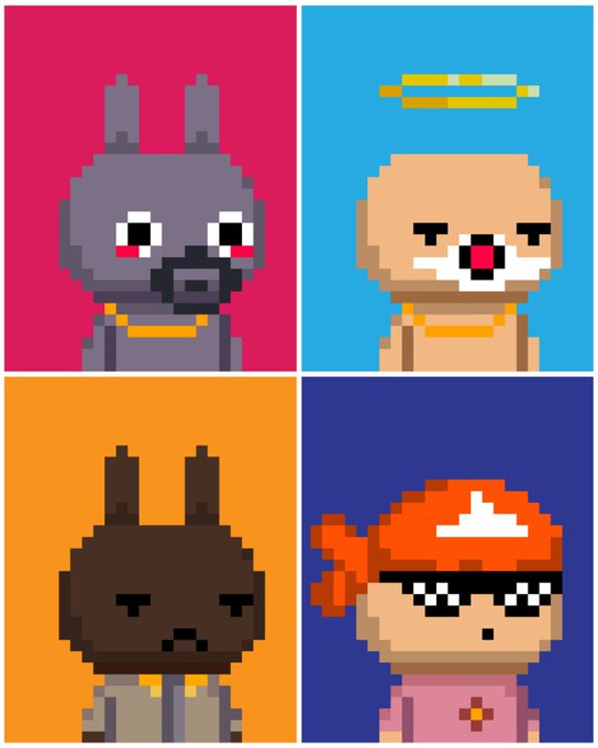 Four pixel-art bunny characters with various accessories (gold chain, halo, eyepatch, orange bandana) are displayed against pink, blue, orange, and navy backgrounds, representing the NFT collection being given away by @bunnybrokers for 0.0001 ETH on the Robinhood Chain.