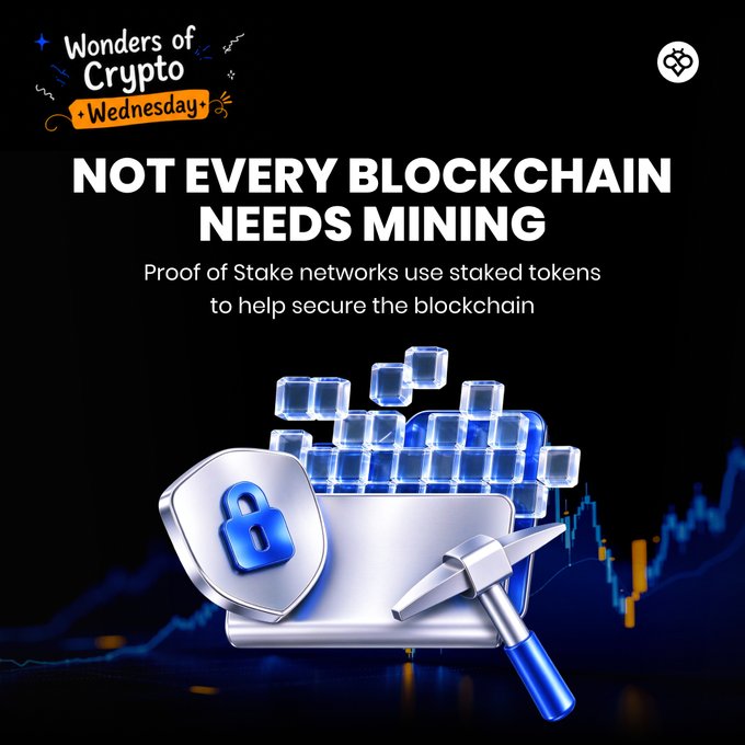 An infographic titled 'Wonders of Crypto Wednesday' states 'NOT EVERY BLOCKCHAIN NEEDS MINING,' explaining that 'Proof of Stake networks use staked tokens to help secure the blockchain' alongside illustrations of a laptop, padlock, pickaxe, and blocks.