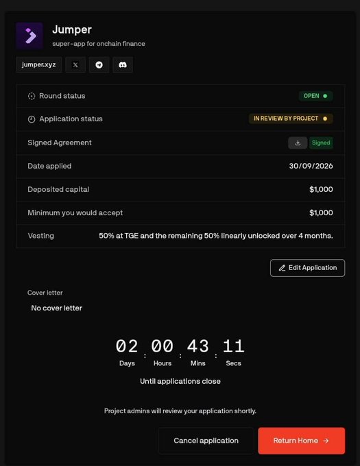 A dark-themed application status page for 'Jumper' on the super-app for onchain finance, indicating the round is OPEN and the application is IN REVIEW BY PROJECT.