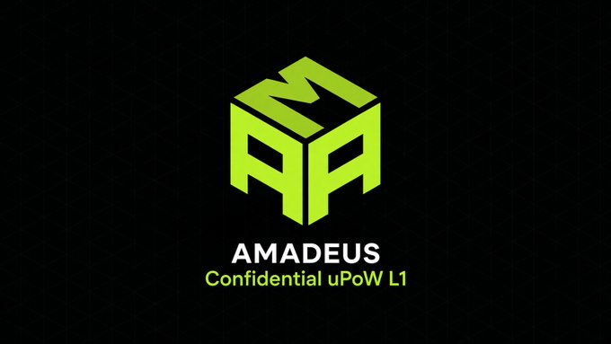 A green geometric cube logo on a black background with the text 'AMADEUS Confidential uPoW L1' displayed below it.