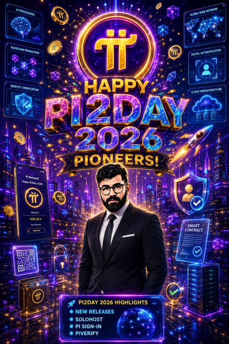 A vibrant promotional graphic celebrating "HAPPY PI2DAY 2026 PIONEERS!" featuring the Pi Network logo, a man in a suit with glasses, and futuristic tech-themed visuals, with a highlights list mentioning "NEW RELEASES," "SOLOHOST," "PI SIGN-IN," and "PIVERIFY," aligning with the post announcing Pi Network's SoloHost blockchain infrastructure update.