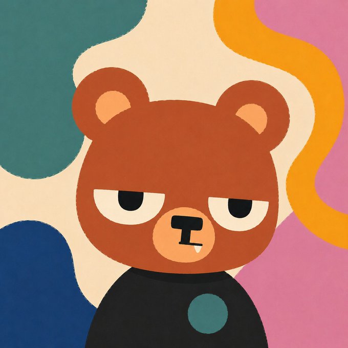 The image features a cartoon bear wearing a black shirt, standing against a colorful background with various shapes and lines. The caption of the image reads "Hooties x CryptoTeddies 50 GTD mint WL spots for @Hooties_eth Join raffle here cryptoteddies[.]xyz/raffle". This post seems to be promoting an event or contest related to the Hootie character, possibly a charity fundraiser or a social media challenge. The bear's expression and attire make it a fun and engaging visual element for the audience.