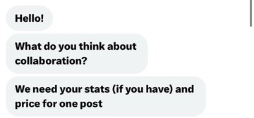 The image is a screenshot of a direct message that inquires about a potential collaboration and requests the recipient’s statistics and the price for a single post. It relates to the accompanying post, which posits that consistent effort and documentation are crucial for creating opportunities, rather than relying on a single viral piece of content. This suggests that the sender of the direct message is seeking partners who have proven their ability to consistently produce value, aligning with the philosophy expressed in the accompanying post about the work preceding opportunities in the realm of Crypto Street.