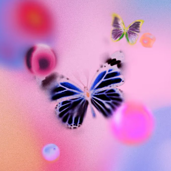 An artistic image featuring a large blue and black butterfly in the foreground with a smaller green butterfly in the background, set against a dreamy pink and purple bokeh background with floating orbs.