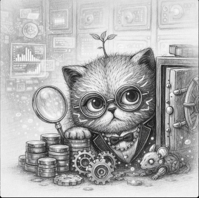 A detailed pencil-style illustration of a bespectacled, bow-tied kitten holding a magnifying glass beside stacked coins, gears, and a safe, with a small plant sprouting from its head and a robotic mouse at its feet—evoking the investigative, treasure-hunting charm of receiving a unique NFT character like "Silk Weaver Nedim" from Ethos Network.