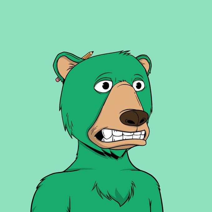 A cartoon illustration of a green bear-like character with a tan snout, buck teeth, and a pencil tucked behind its ear, set against a mint green background.