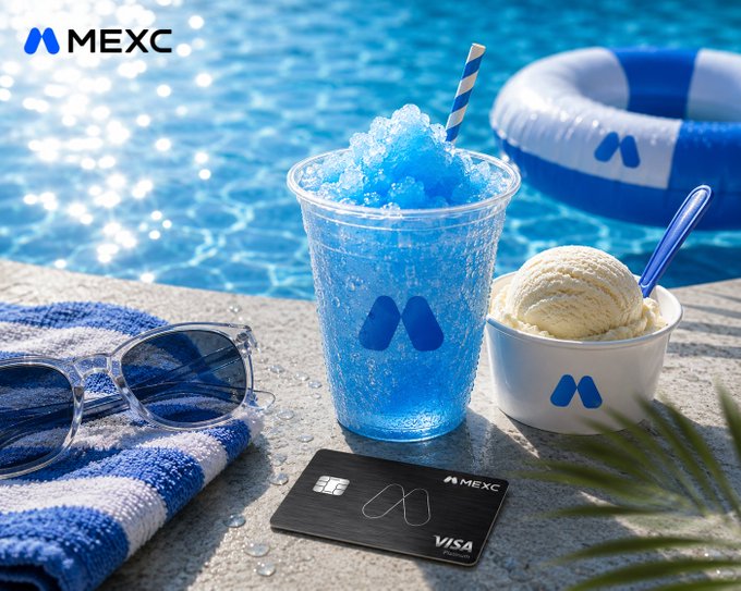 A promotional poolside scene featuring a blue slushy drink, vanilla ice cream, sunglasses, and a black MEXC Visa debit card with the MEXC logo.
