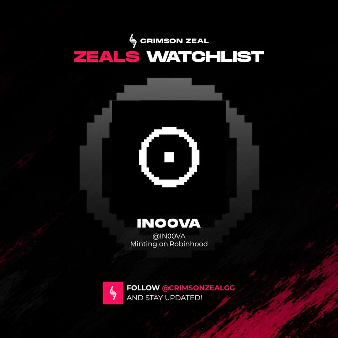 A graphic with the text 'CRIMSON ZEAL ZEALS WATCHLIST' featuring 'IN0OVA' (@IN0OVA) and the message 'Minting on Robinhood' alongside a pixelated logo.