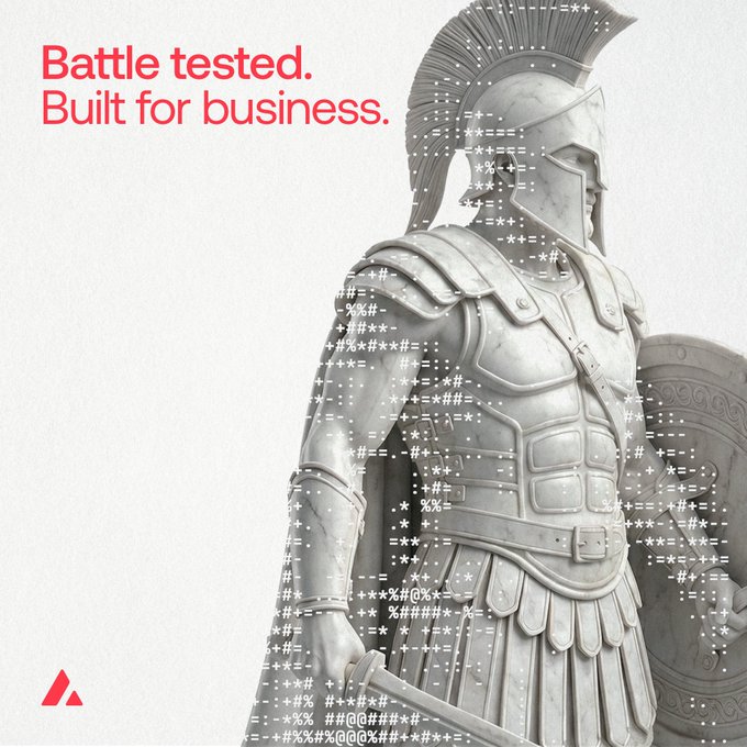 Ad for Avalanche (AVAX) cryptocurrency featuring a Roman warrior statue with the text 'Battle tested. Built for business.'