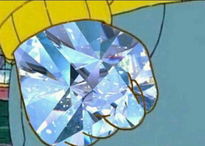 An animated cartoon character with a body entirely made of a sparkling, faceted blue gemstone against a colorful background.