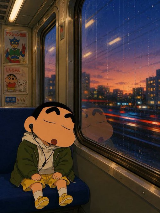 The image shows Crayon Shin-chan sleeping peacefully on a train with earbuds in, gazing out at a cityscape at sunset with rain streaking down the window, his reflection visible in the glass. The accompanying post about "logging off" and prioritizing sleep aligns perfectly with the scene, capturing the quiet, restorative mood of winding down after a long day—reinforced by the visible "Sleepagotchi" branding on the earbuds.