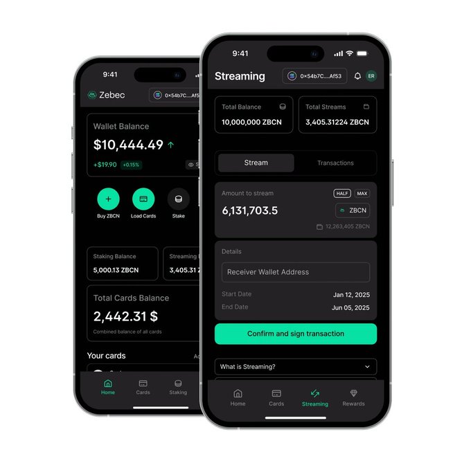 Two mobile phone screenshots of the Zebec app displaying wallet features including a balance of $10,444.49, 10,000,000 ZBCN, and a streaming interface with transaction details.