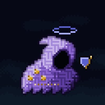 A pixel art illustration of a purple grim reaper figure with a blue halo, holding a shield, set against a dark background.