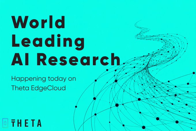 The image features a blue background with white text, which reads "World leading AI Research happening today on Theta EdgeCloud". This suggests that there might be an ongoing AI research project or initiative being carried out by various institutions worldwide using Theta EdgeCloud as their GPU infrastructure.