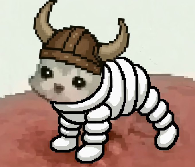 A pixel art illustration of a small, cute creature resembling a isopod, white in color with segmented armor, wearing a brown viking helmet with horns, standing on a brown surface.