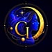 A circular dark image featuring a glowing yellow crescent shape and a star-like symbol against a deep blue and purple background.