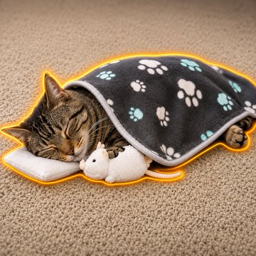 A tabby cat sleeping on the floor wrapped in a gray blanket with white and teal paw prints, cuddling a small white plush mouse toy.