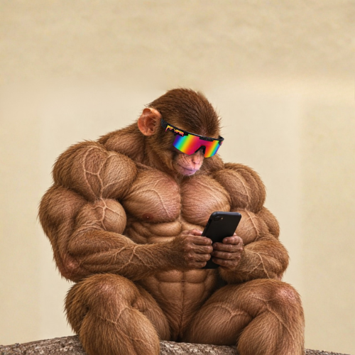 A muscular cartoon monkey wearing rainbow-colored sunglasses sits on a rock while intently looking at and using a black smartphone.