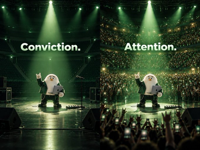 A side-by-side comparison shows a penguin mascot holding a laptop on stage — alone under a spotlight labeled "Conviction." on the left, and surrounded by a packed, phone-lit crowd labeled "Attention." on the right — visually illustrating that conviction must precede attention.