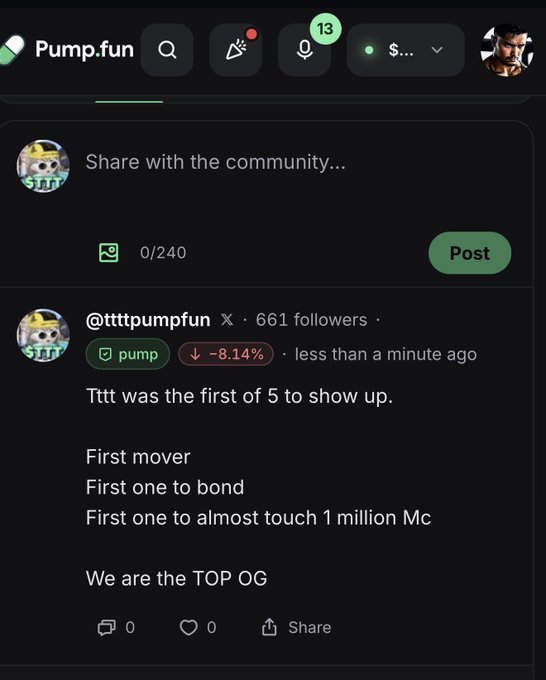 The image shows a social media post with two posts displayed side by side, both of which are about Pump-Fun. One post has a picture of a yellow character, while the other post features a green character. The text on these posts includes information about the first move made in the game and how it was the first one to bond with the character. Additionally, there is a post that says "We are the TOP OG".