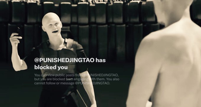 A bald, grinning figure stands on the left while a shirtless person faces away on the right, overlaid with text stating "@PUNISHEDJINGTAO has blocked you," explaining that public posts are still viewable but engagement is restricted. The image humorously illustrates the post's mention of "a-logging" personal accounts by showing the blocking notification from Punished Jingtao, a figure known in crypto circles for criticizing Solana.