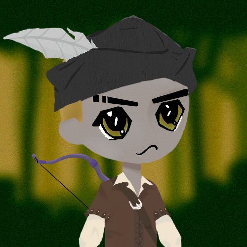 A cartoon-style illustration of a character with large eyes, wearing a dark beret with a white feather, a brown vest, and holding a bow, set against a green background.