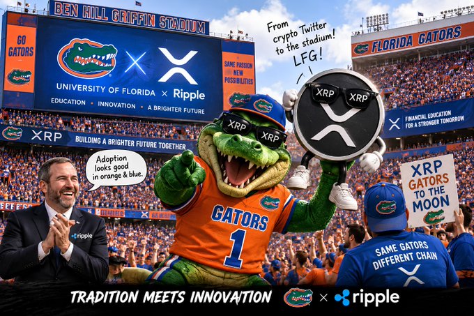 A promotional graphic depicting a partnership between the University of Florida and Ripple (XRP), showing the Gators mascot alongside XRP logos, with signs reading 'XRP GATORS TO THE MOON' and 'TRADITION MEETS INNOVATION'.