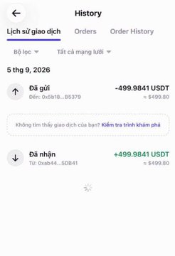 A cryptocurrency exchange history screenshot showing a deposit of -499.9841 USDT and a receive of +499.9841 USDT dated 5 thg 9, 2026.