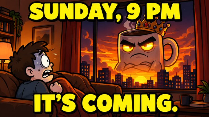 A cartoon-style illustration showing a frightened boy on a couch looking out a window at a giant angry coffee mug wearing a crown, with text reading 'SUNDAY, 9 PM IT'S COMING.'