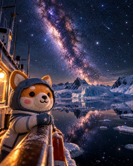 An AI-generated illustration of a Shiba Inu dog wearing a winter coat and hood on a ship, with the Milky Way galaxy visible in the night sky above icy mountains and reflective water.
