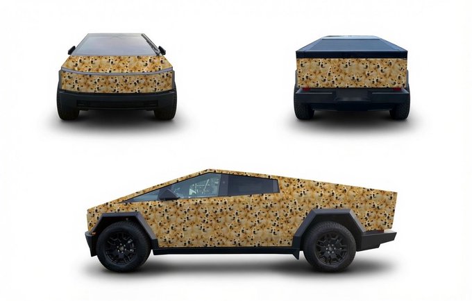 A Tesla Cybertruck wrapped in a custom Dogecoin coin pattern is displayed from front, rear, and side angles, fittingly nicknamed "The Dogecoin Cybertruck" for a $DOGE enthusiast.