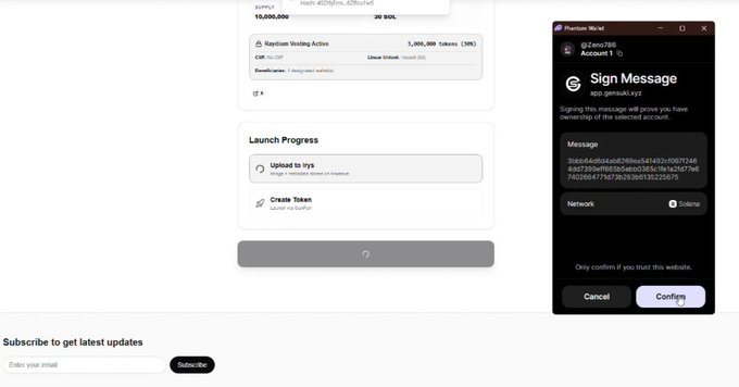 A screenshot of a website interface showing a 'Launch Progress' section with options to 'Upload to Irys' and 'Create Token', alongside a Phantom Wallet 'Sign Message' confirmation prompt.